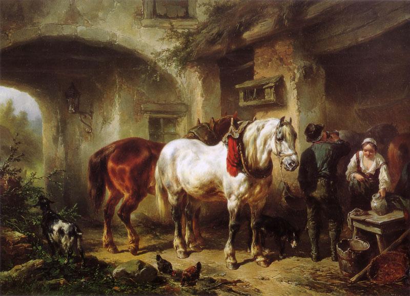Wouterus Verschuur Horses and people in a courtyard oil painting picture
